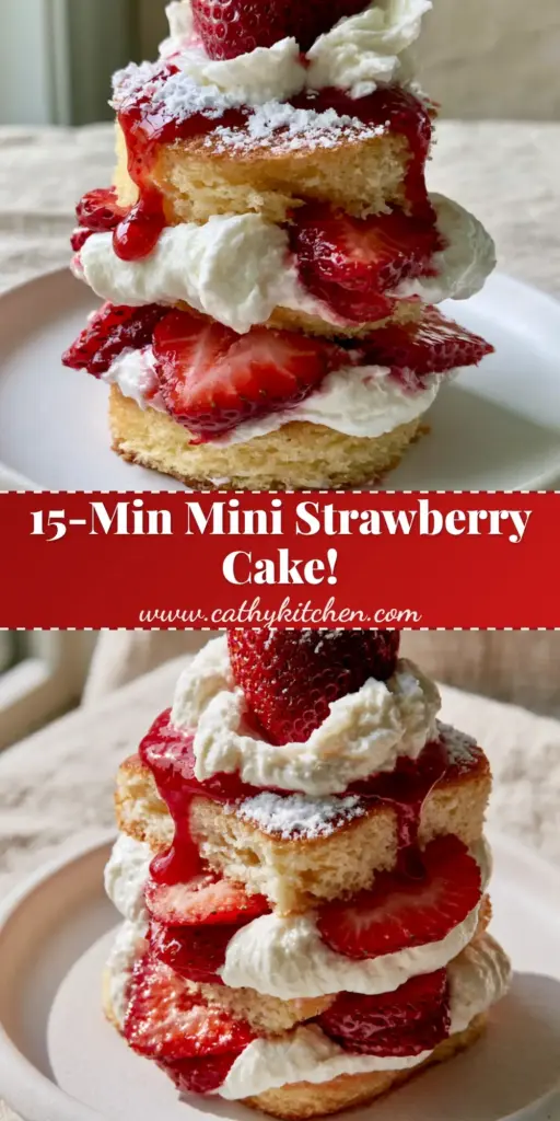 A three-layered Mini Strawberry Cream Cake with golden sponge, whipped cream, sliced strawberries, and a glossy glaze drip on a white plate.
