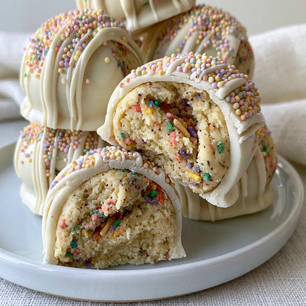 Macro shot of a gourmet funfetti truffle cut in half showing dense yellow dough and rainbow sprinkles. (Birthday Dessert Ideas)