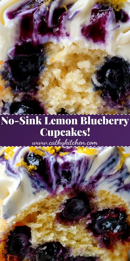 A tall Pinterest pin showing a close-up of gourmet lemon blueberry cupcakes with marbled frosting and fresh lemon zest garnish.
