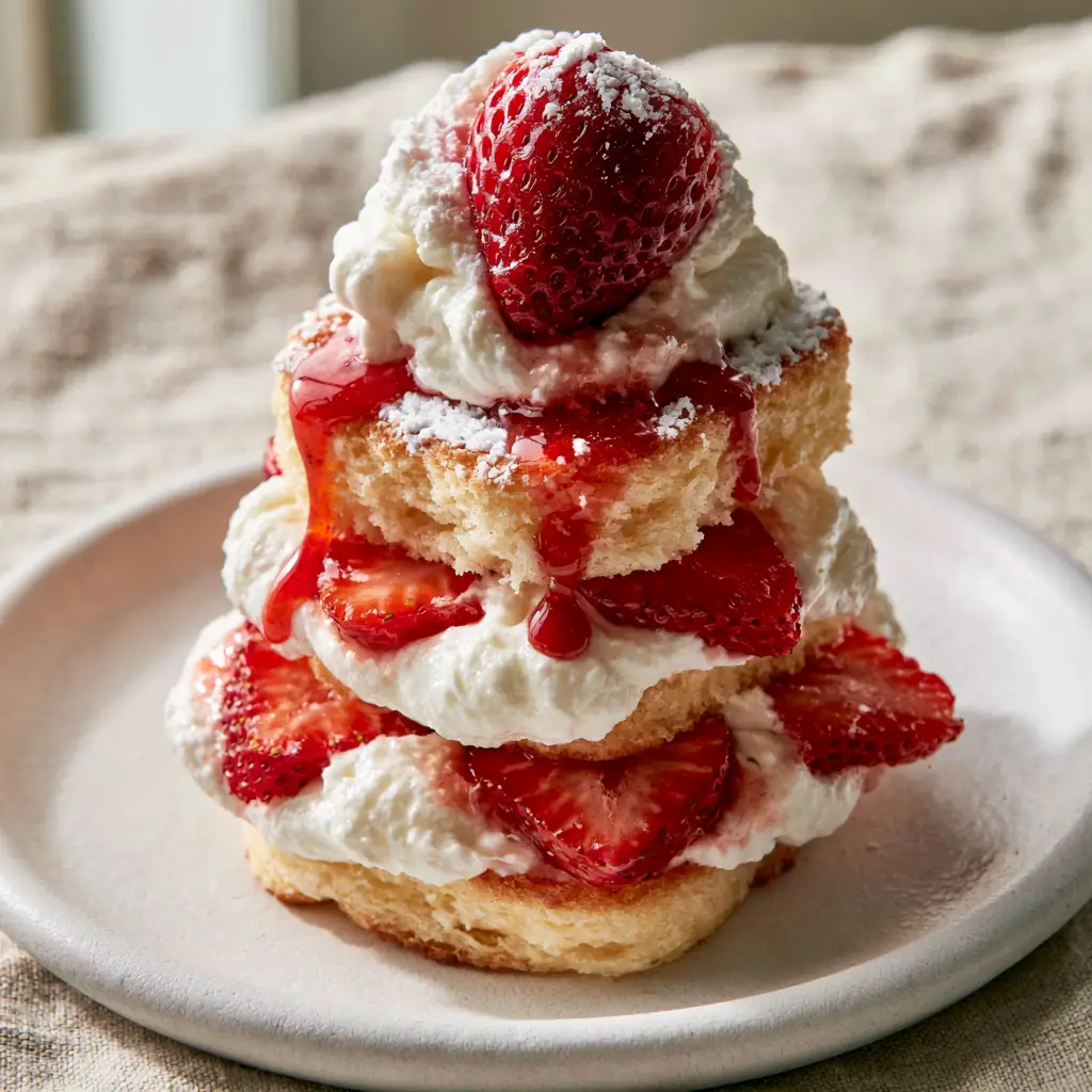 Close up of a single-serving Mini Strawberry Cream Cake showing the thick whipped cream layers and fresh red strawberry slices.