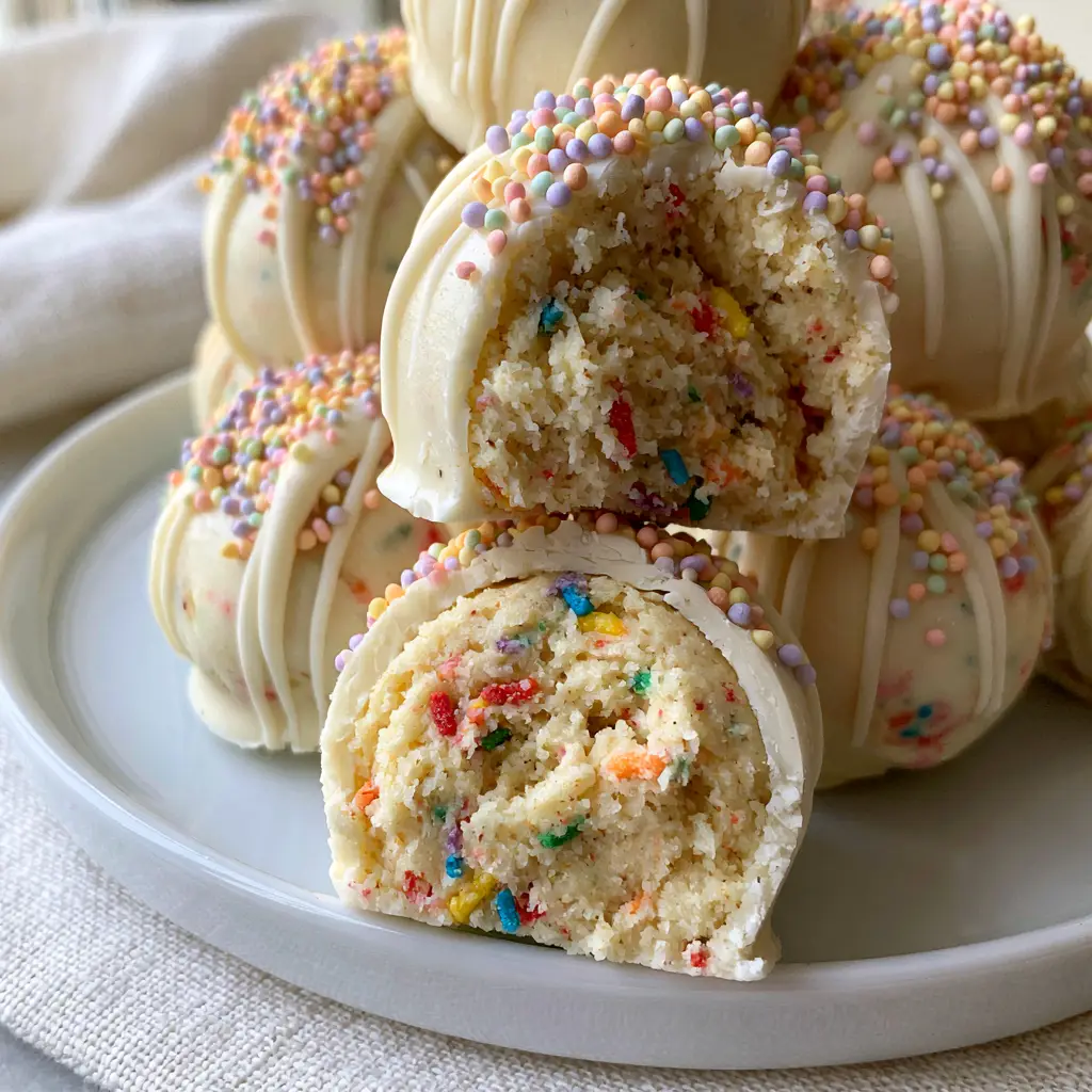 Stack of white chocolate coated truffles with rainbow nonpareils on a minimalist platter for Birthday Dessert Ideas.