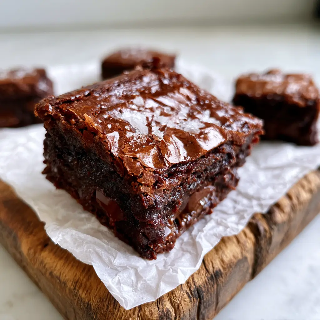 Close up view of the moist crumb and rich chocolate layers of a dense Fudgy Brownie Recipe. (Fudgy Brownie Recipe)