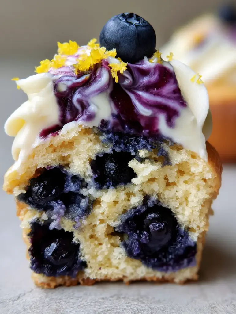 Extreme close-up of a lemon blueberry cupcake sliced in half showing the fluffy golden crumb and whole dark blueberries.