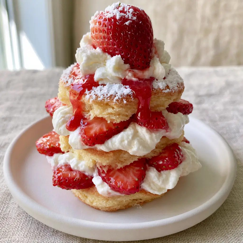 Eye-level view of a Mini Strawberry Cream Cake topped with a whole strawberry and a dusting of powdered sugar.