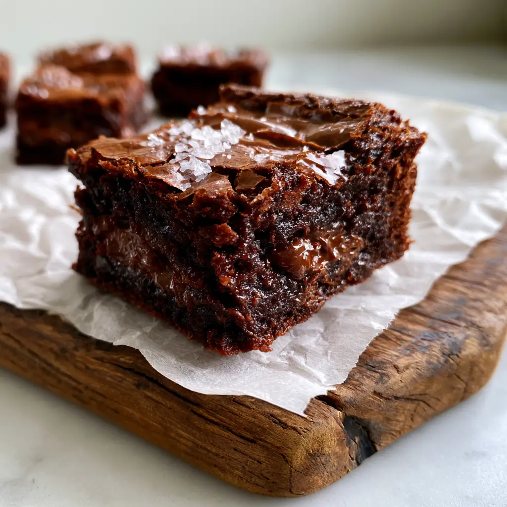 Brownie squares on crumpled white parchment paper featuring a paper-thin crinkle crust and flaky sea salt garnish.
