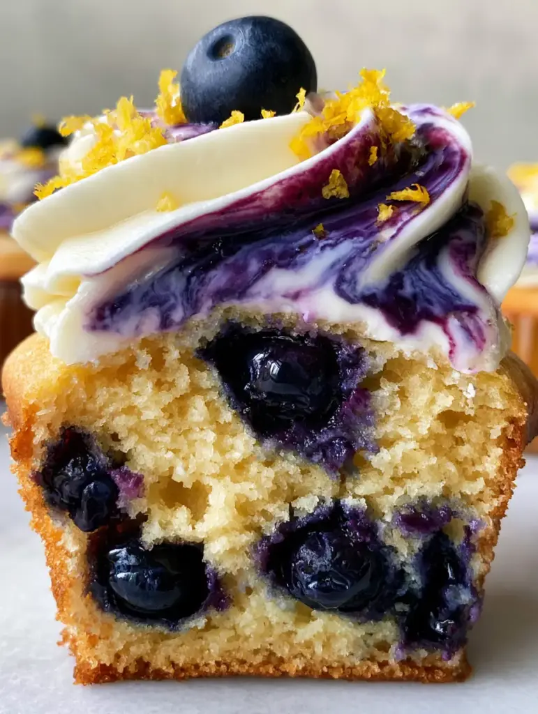 Top view of cream cheese frosting with vibrant purple-blue marbled blueberry compote drizzle and bright yellow lemon zest.