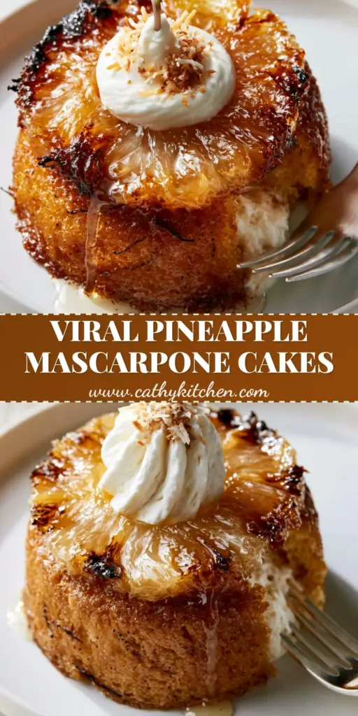A handheld smartphone photo of a single Pineapple Mascarpone Mini Cake with a charred honey-glazed pineapple ring and micro-mint garnish.