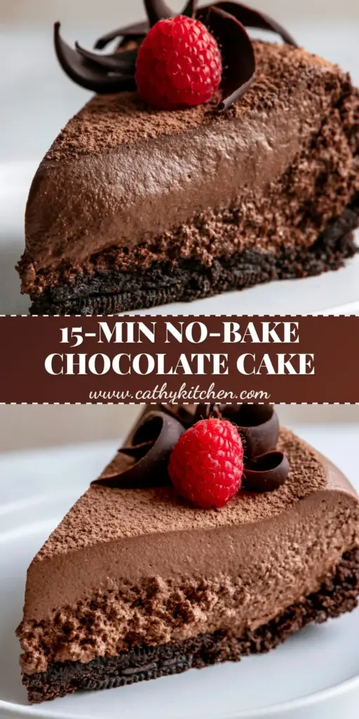 A close-up slice of Chocolate Mousse Cake with a dark Oreo crust, silky chocolate filling, and a fresh red raspberry on top.