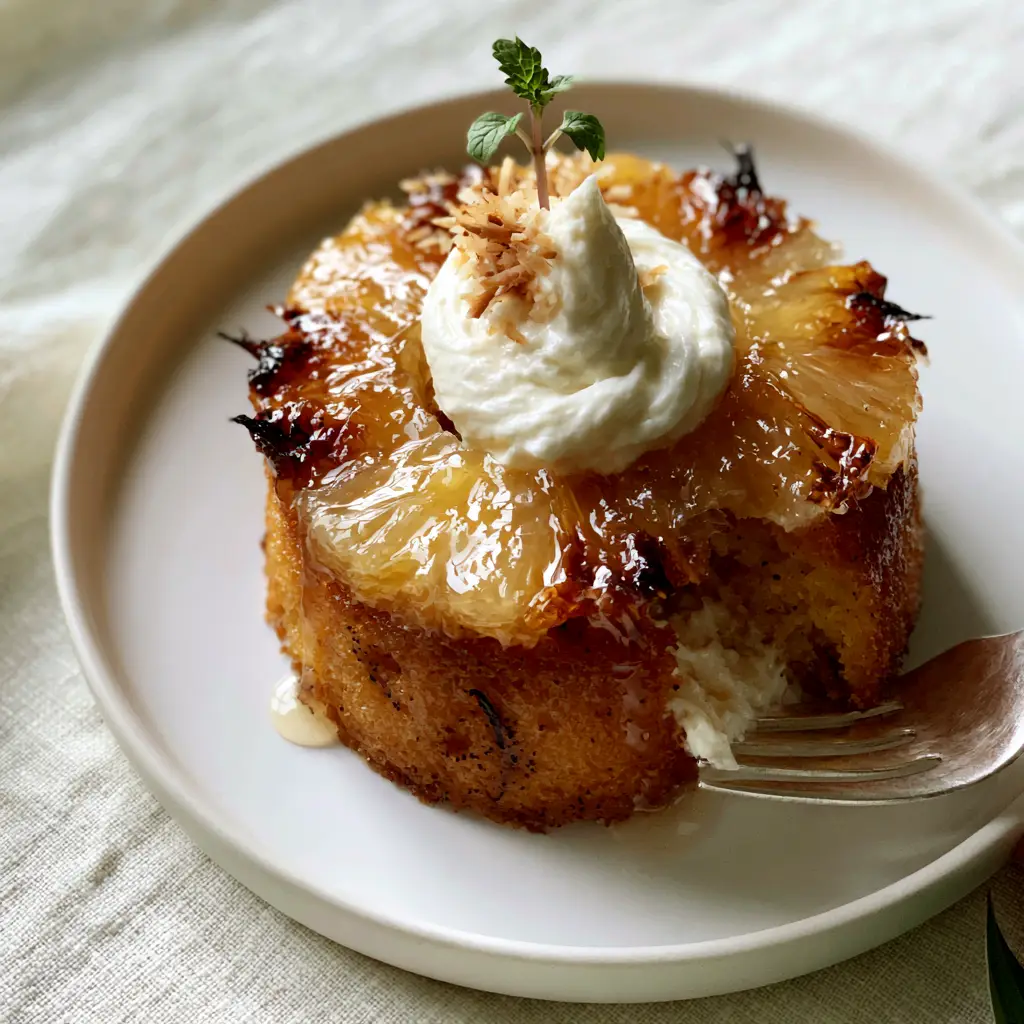 A close-up of a Pineapple Mascarpone Mini Cake on a white plate showing vanilla bean specks and charred pineapple edges.