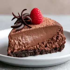 Eye-level view of a Chocolate Mousse Cake slice on a matte white plate showing the compressed Oreo base and velvety mousse.