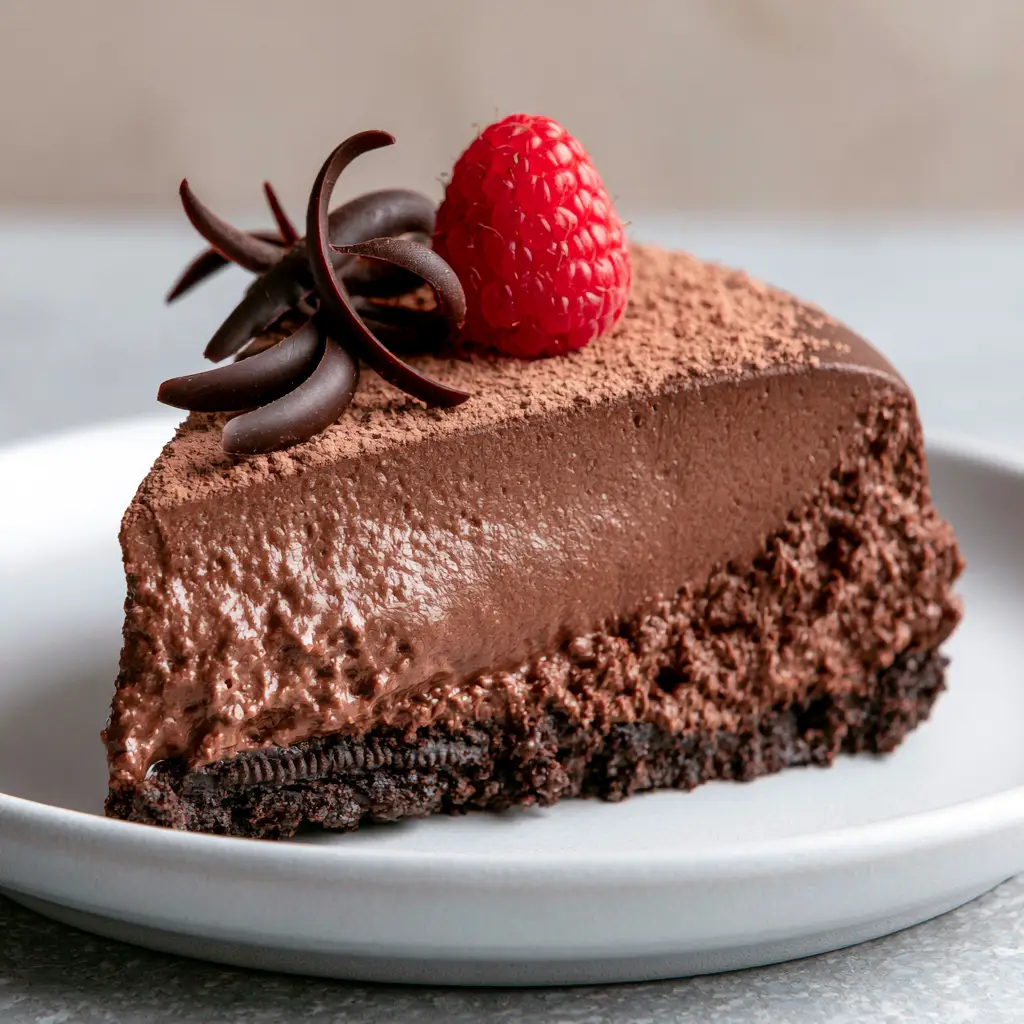 Eye-level view of a Chocolate Mousse Cake slice on a matte white plate showing the compressed Oreo base and velvety mousse.
