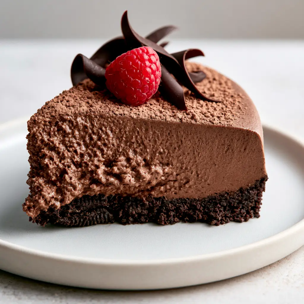 Close-up of Chocolate Mousse Cake garnished with fine cocoa powder and delicate dark chocolate curls.