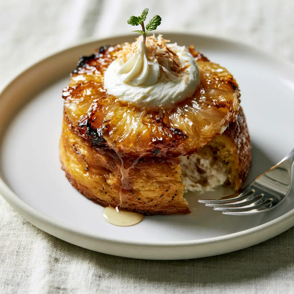 A silver fork breaking into a Pineapple Mascarpone Mini Cake to reveal the creamy mascarpone filling inside.