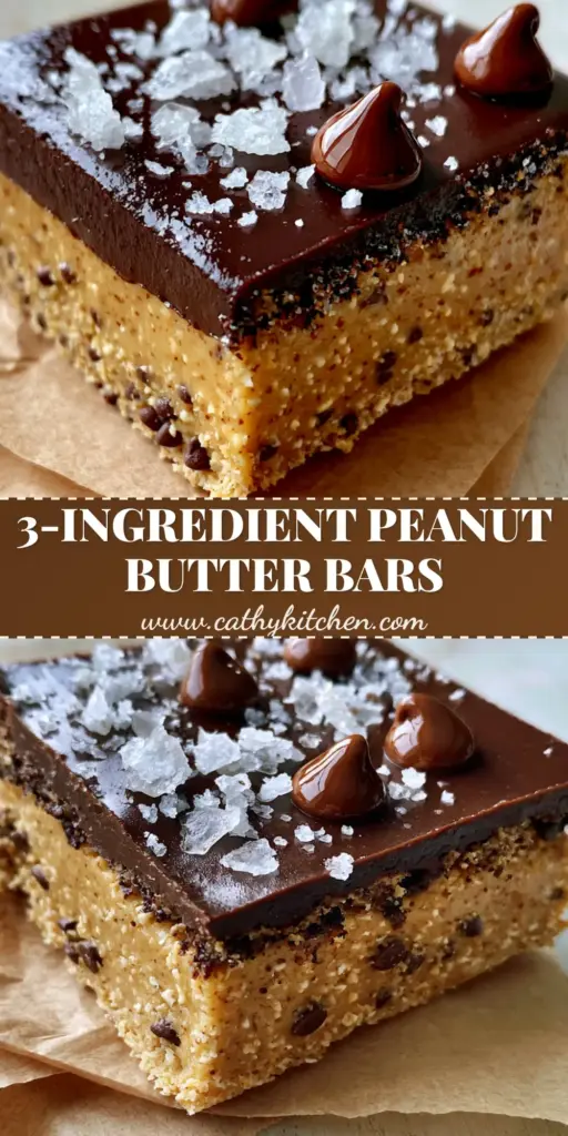 A stack of thick, no-bake peanut butter chocolate chip bars with a glossy dark chocolate topping and flaky sea salt on brown parchment paper.