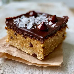 Macro shot of a peanut butter chocolate chip bar showing the dense golden base with oat granules and a soft chocolate ganache layer.