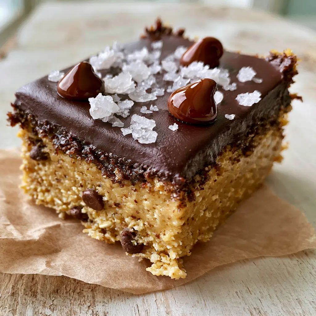Eye-level view of a single thick peanut butter chocolate chip bar on a rustic wooden table with natural lighting.
