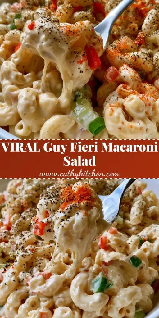 A large white bowl of Guy Fieri macaroni salad featuring creamy elbow noodles, red peppers, and a heavy dusting of black pepper.