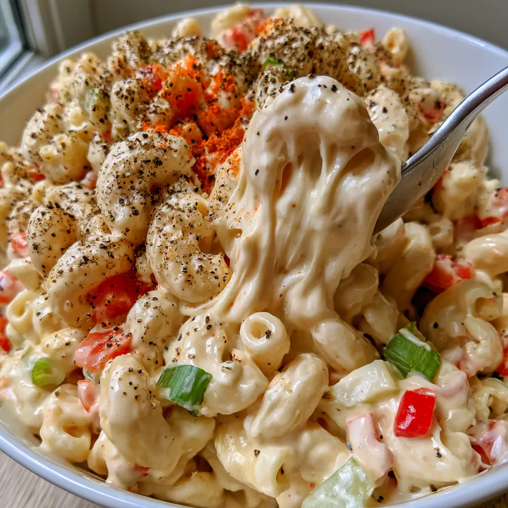 A silver spoon lifting a mouthful of Guy Fieri macaroni salad showing the stretchy, moist consistency.