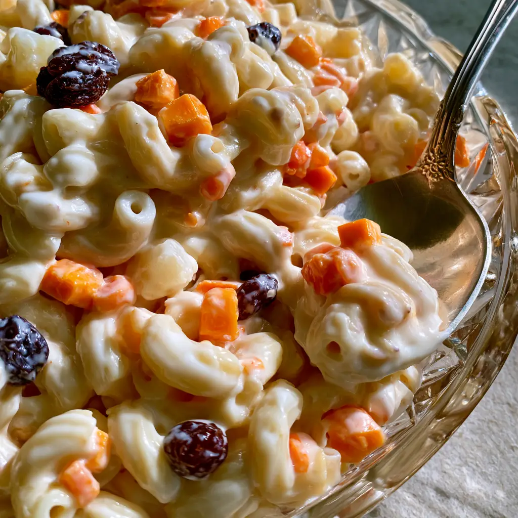 Extreme close-up top-down view of sweet macaroni salad in a crystal glass bowl showing the velvety white dressing and orange cheddar cubes.