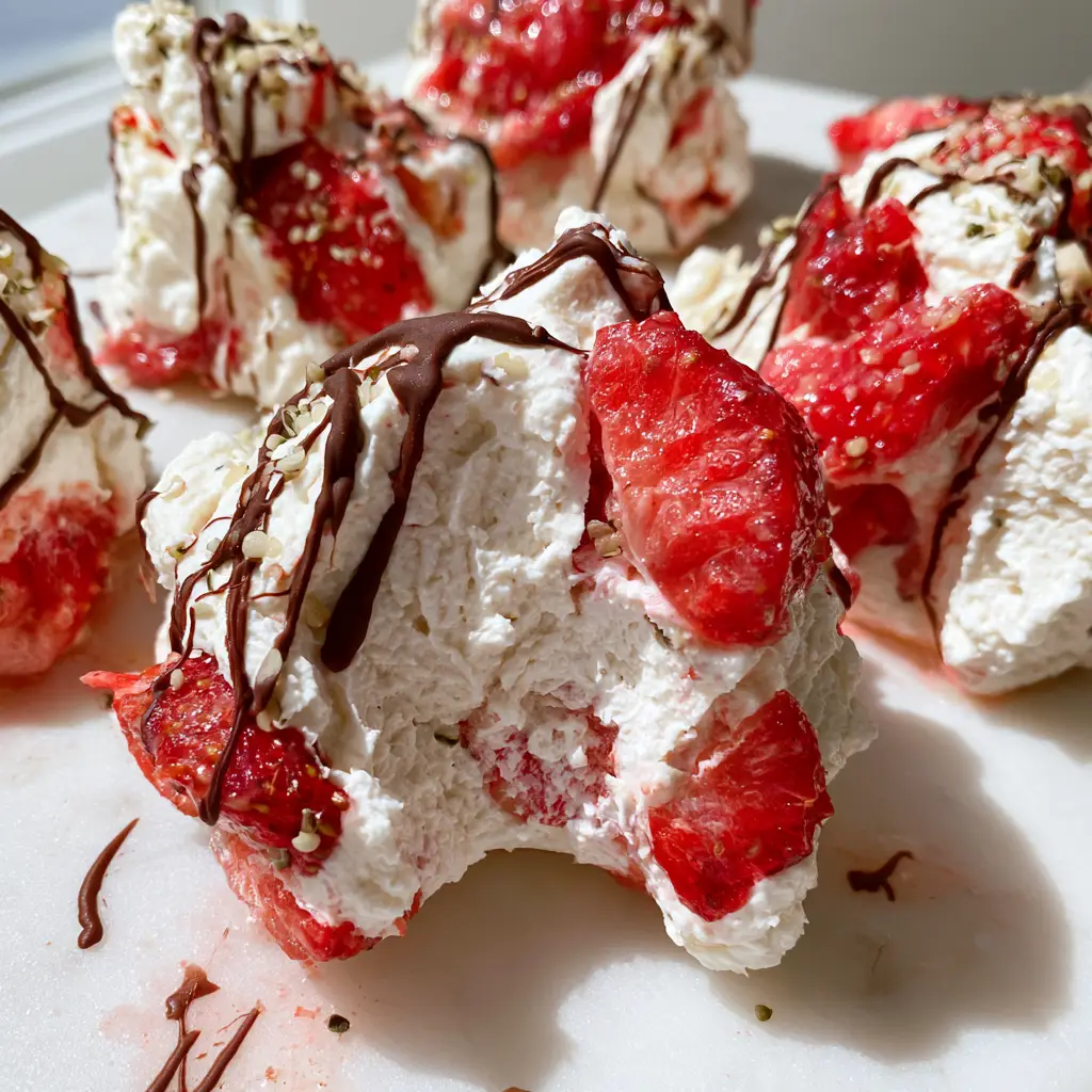 Close-up top-down view of irregular strawberry yogurt clusters with hemp seeds and chocolate. (frozen greek yogurt bites)
