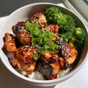 Top-down view of a modern matte white bowl containing a honey chicken bowl with jasmine rice and broccoli. (honey chicken bowl)