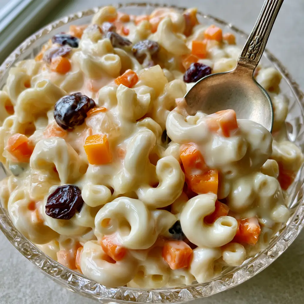 A silver spoon lifting a creamy portion of sweet macaroni salad with visible pineapple, ham, and carrots.