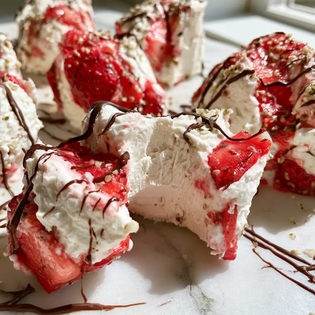A close-up of a frozen yogurt cluster with a bite taken out, showing the creamy interior.