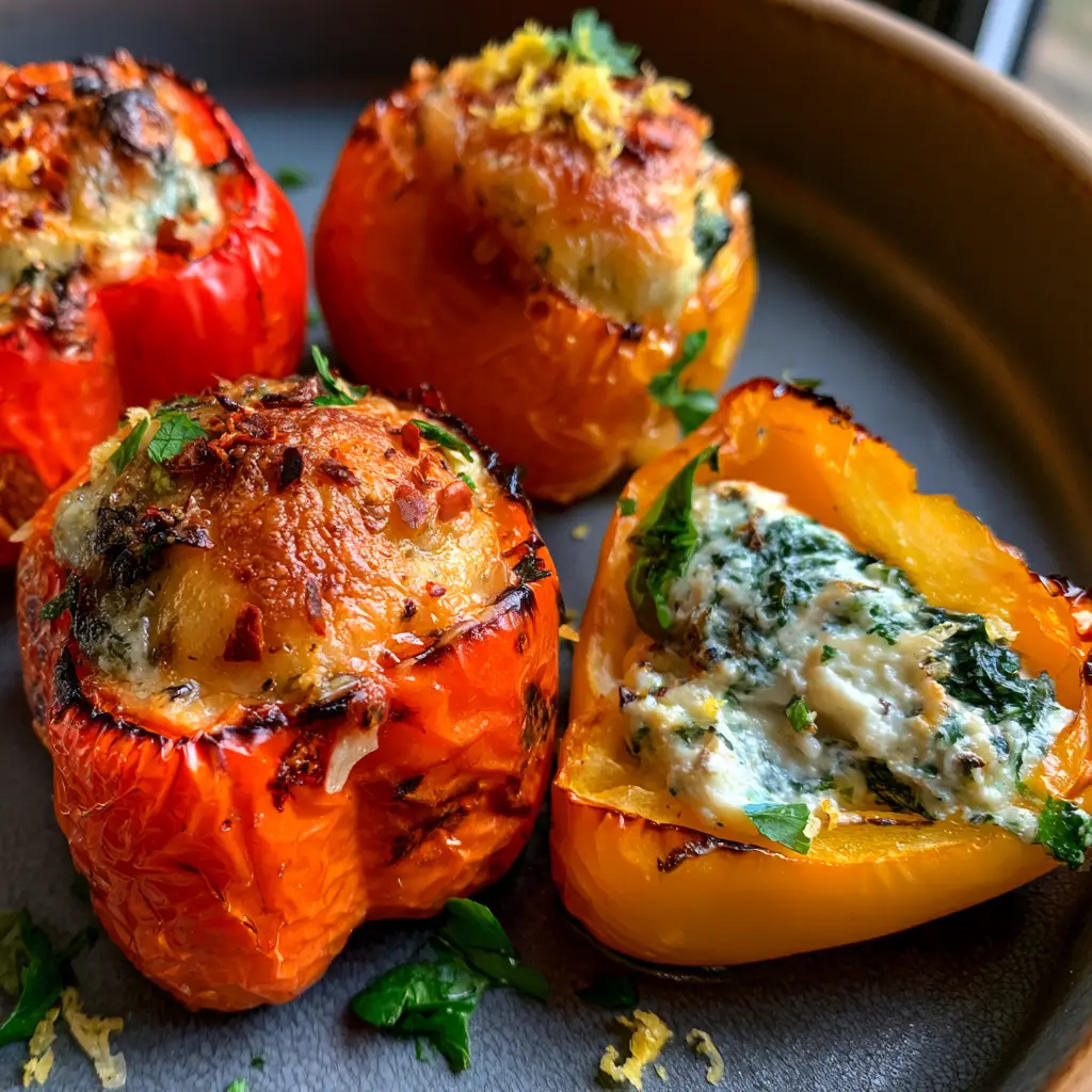 A ricotta stuffed pepper sliced in half showing the creamy spinach filling and thick pepper wall.