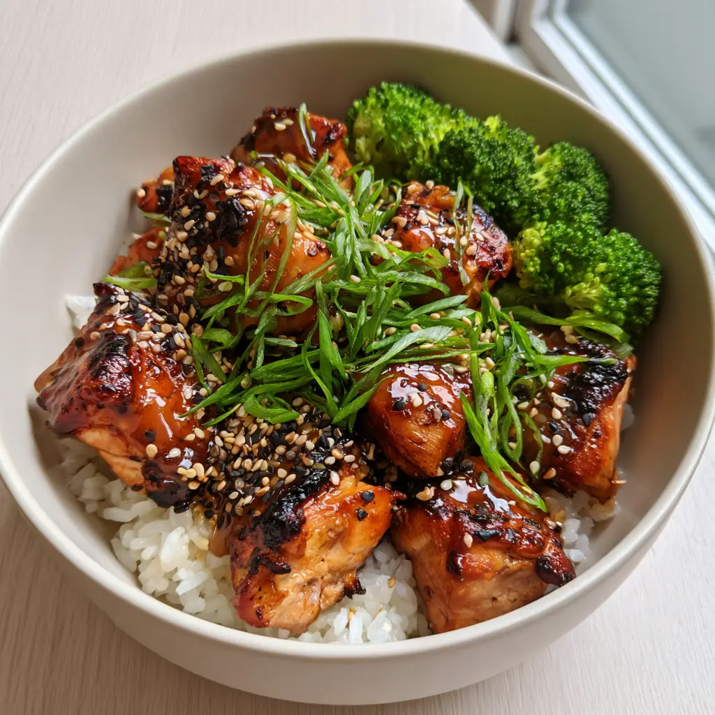 Angled shot showcasing the thick dark amber honey garlic glaze and charred edges of the chicken thighs. (honey chicken bowl)
