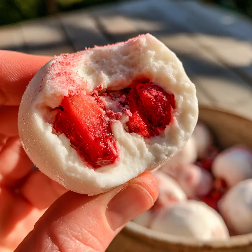 Close up of strawberry frozen yogurt bites with matte shells and condensation droplets.