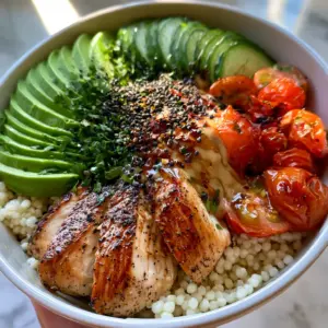 POV handheld shot of a chicken harvest bowl with glistening chicken breast and charred tomatoes. (high protein lunch recipes)