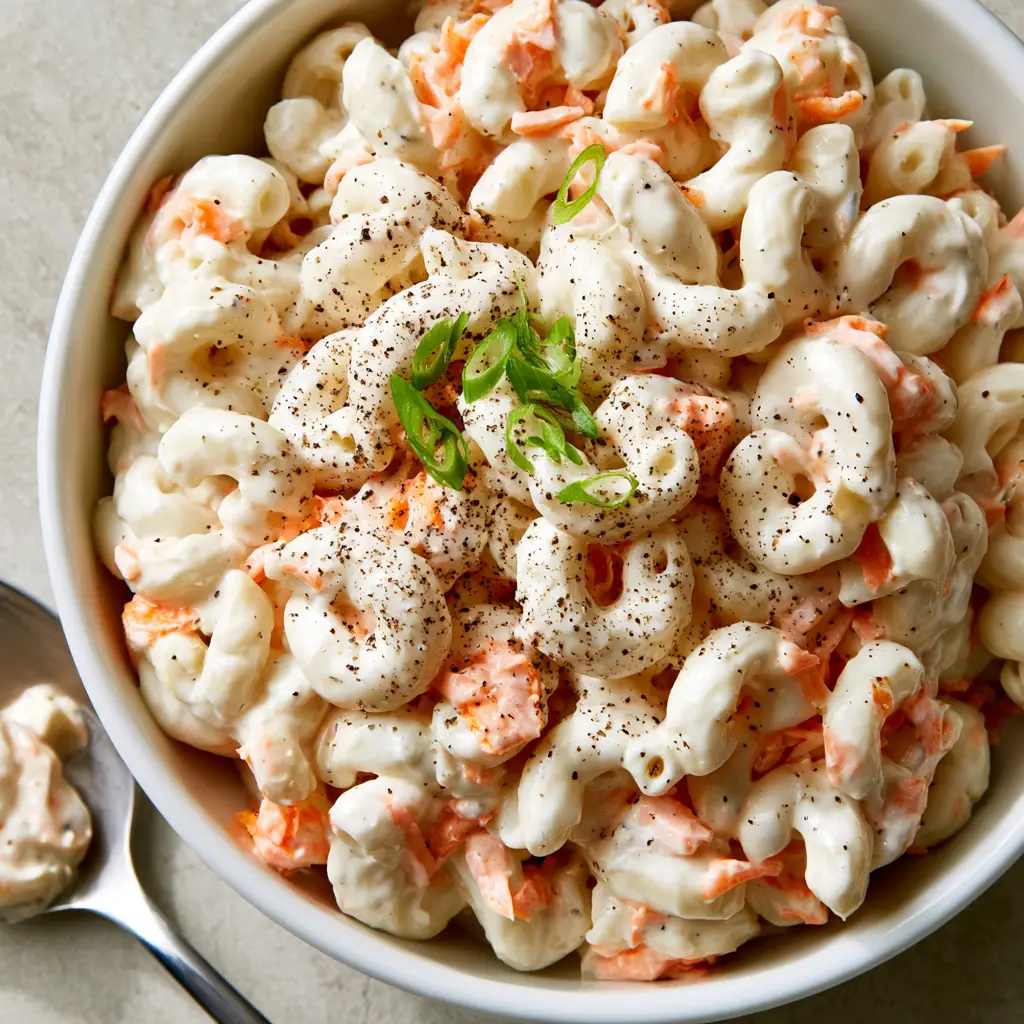 Mo’ Bettahs Macaroni Salad: The Ultimate Creamy Hawaiian Recipe 2 Top-down macro shot of creamy elbow macaroni salad with visible orange carrots and scallions. (Mo’ Bettahs macaroni salad)