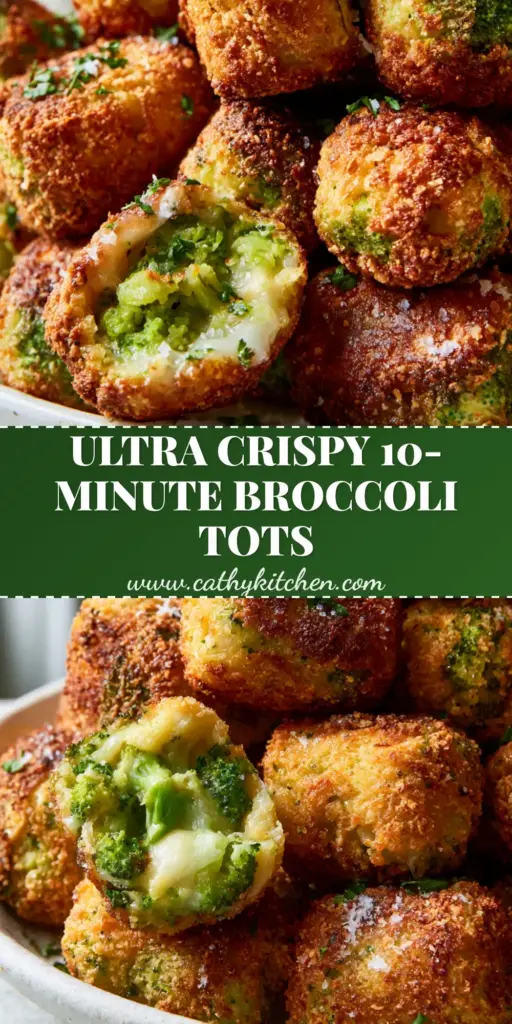 A towering pile of crispy golden-brown Broccoli Tots in a white bowl, showing a melty mozzarella center and fresh parsley garnish.