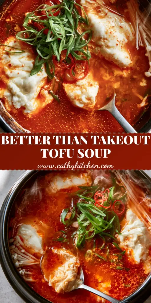 Tofu Soup Recipe: Authentic Spicy Korean Soondubu Jjigae 3 A steaming bowl of Korean silken tofu soup in a black dolsot bowl with vibrant crimson broth. (Tofu Soup Recipe)