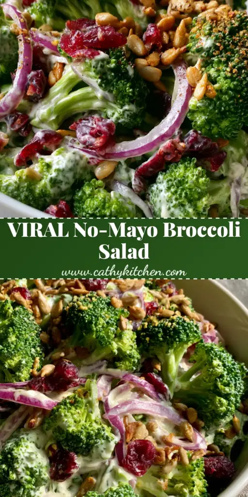 A vibrant bowl of Vegan broccoli salad featuring bright emerald green florets, ruby cranberries, and a thick glossy white dressing. (Vegan broccoli salad)