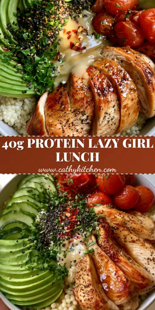 A vibrant high protein chicken harvest bowl with pearl couscous, fanned avocado, and blistered tomatoes. (high protein lunch recipes)