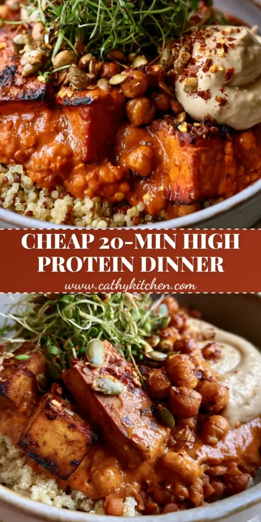 Plant Based Recipes: Smoked Tofu and Quinoa Power Bowl with Sun-Dried Tomato Cream 3 A close-up shot of a savory plant based recipes dinner bowl with charred smoked tofu, quinoa, and sun-dried tomato cream sauce.