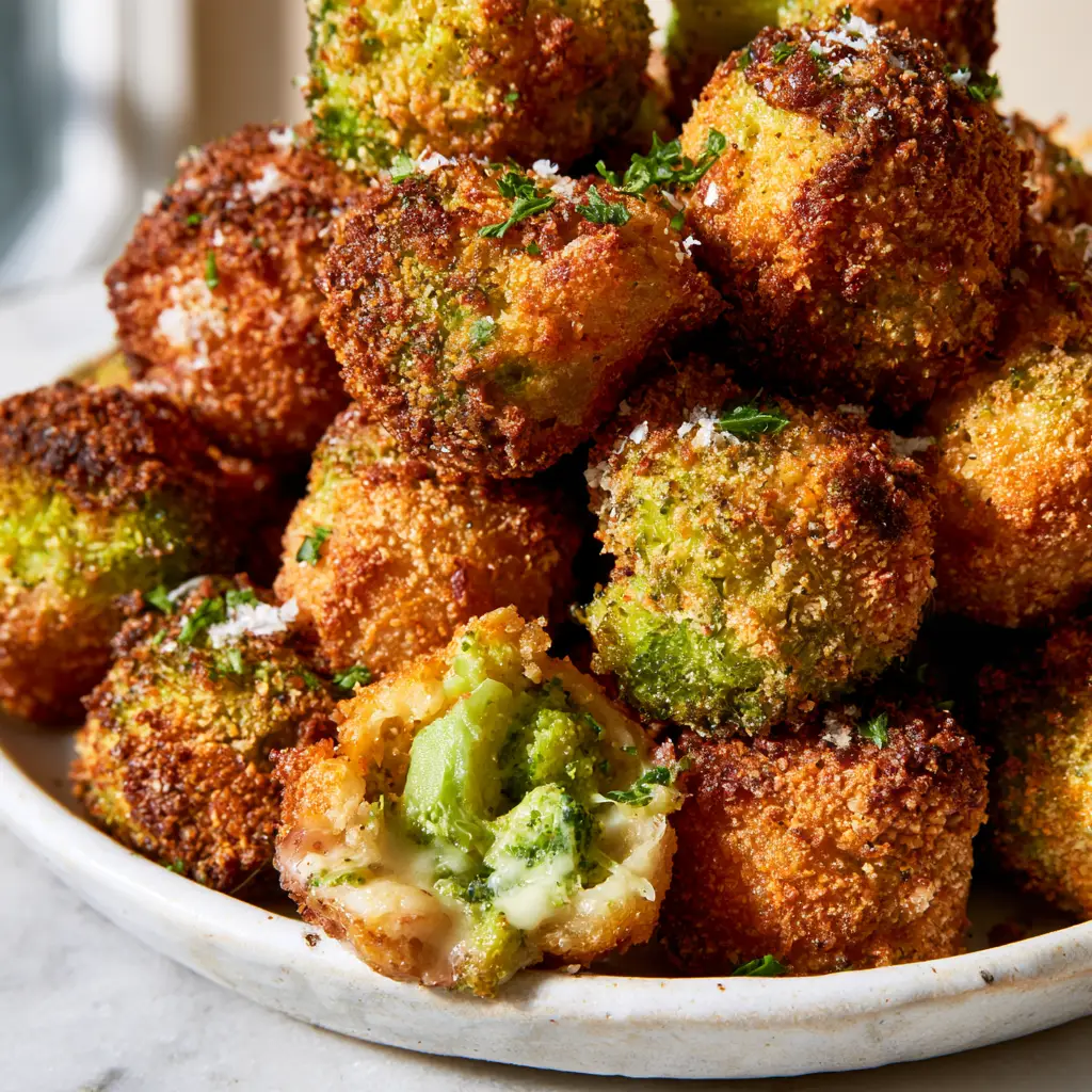 Extreme macro close-up of Broccoli Tots showing the craggy toasted almond flour and parmesan crust with vibrant emerald green flecks.
