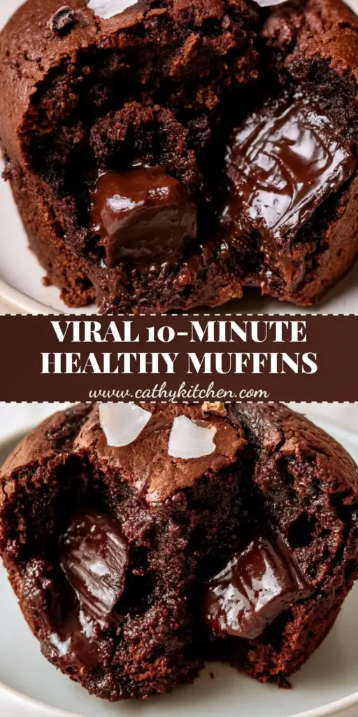 A stack of Healthy Chocolate Muffins showing glossy chocolate pools and flaky sea salt on a minimalist background.