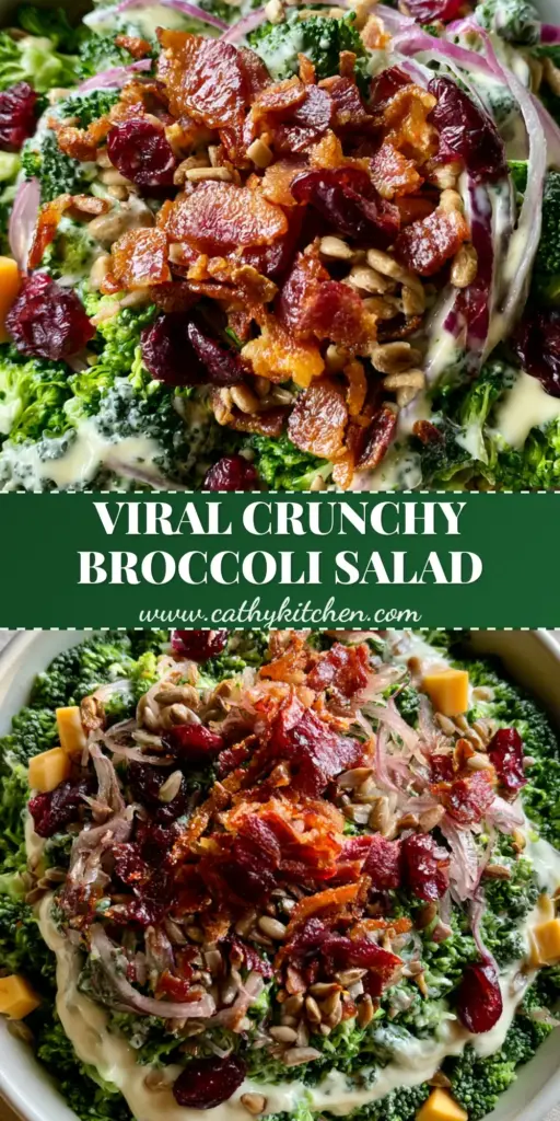 A high-angle photo of a vibrant Chopped Broccoli Salad in a white bowl featuring green florets, red cranberries, and golden bacon crumbles.