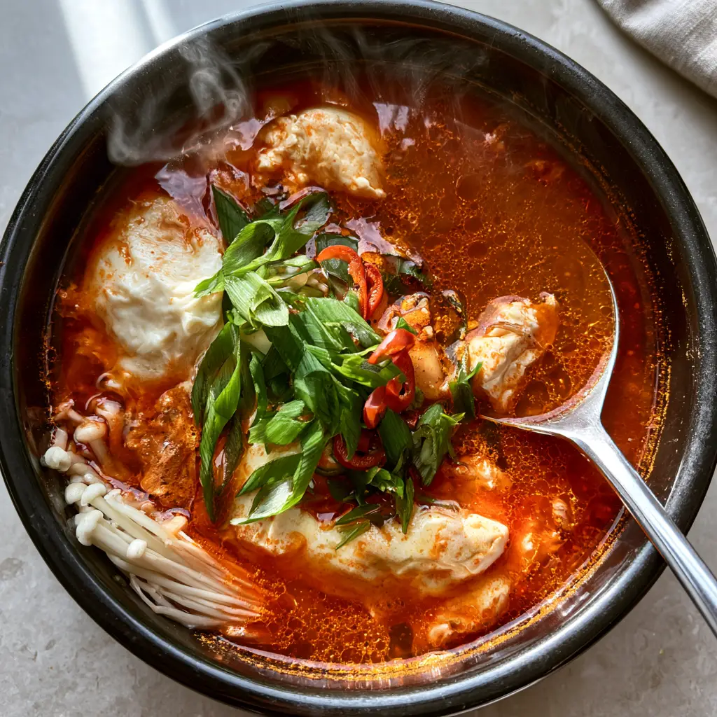 Tofu Soup Recipe: Authentic Spicy Korean Soondubu Jjigae 2 Close up of shimmering orange chili oil and green scallions on a Tofu Soup Recipe.