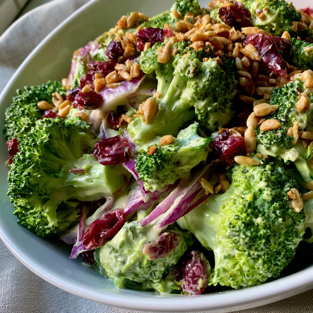 Close-up of fresh broccoli florets coated in thick velvety vegan cream sauce with red onions. (Vegan broccoli salad)