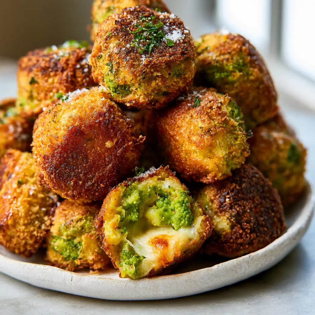 A Broccoli Tot split open to reveal a steaming soft interior of green broccoli and stretchy melted mozzarella cheese.