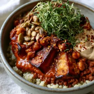 Macro photo of pan-seared smoked tofu and roasted chickpeas in a thick sun-dried tomato sauce (plant based recipes).