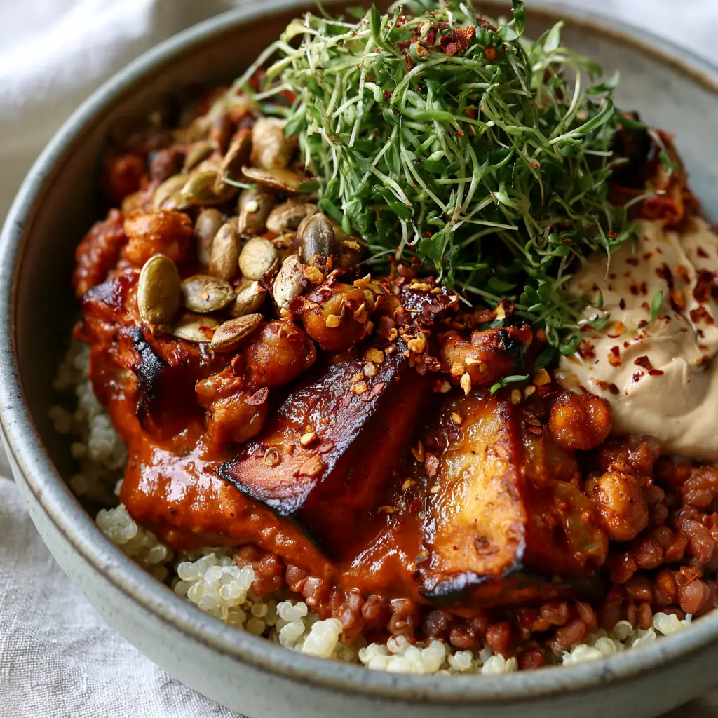 Macro photo of pan-seared smoked tofu and roasted chickpeas in a thick sun-dried tomato sauce (plant based recipes).