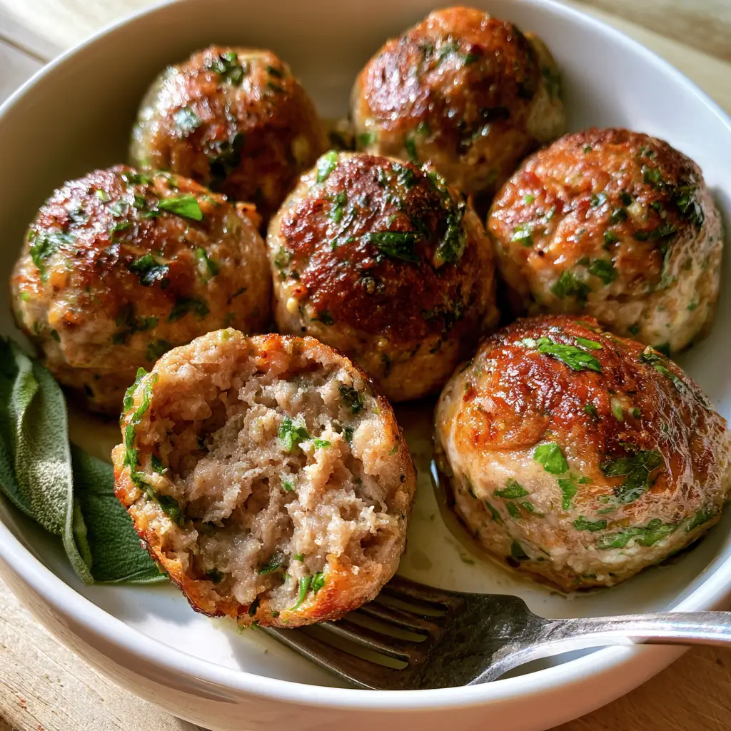 AIP Paleo Breakfast Meatballs with Fresh Sage and Parsley 1 Close-up of golden-brown breakfast meatballs showing caramelized crust and green herb flecks.