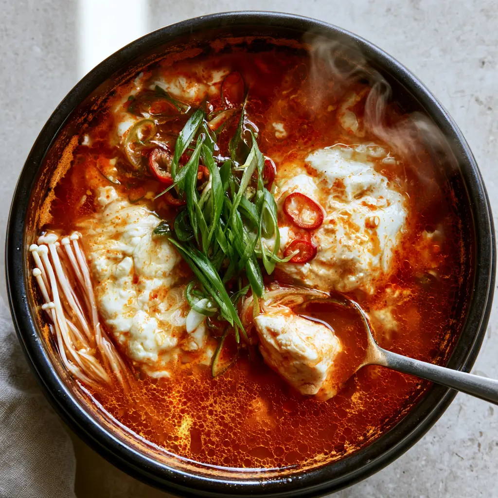 Tofu Soup Recipe: Authentic Spicy Korean Soondubu Jjigae 1 Silken tofu mounds submerged in a crimson broth with enoki mushrooms. (Tofu Soup Recipe)