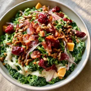 Top-down view of Chopped Broccoli Salad showing emerald broccoli, ruby cranberries, and sharp cheddar cubes.