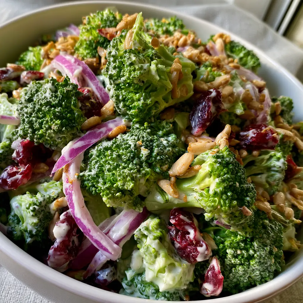Overhead macro shot of vegan broccoli salad showing textures of toasted sunflower seeds and dried cranberries.