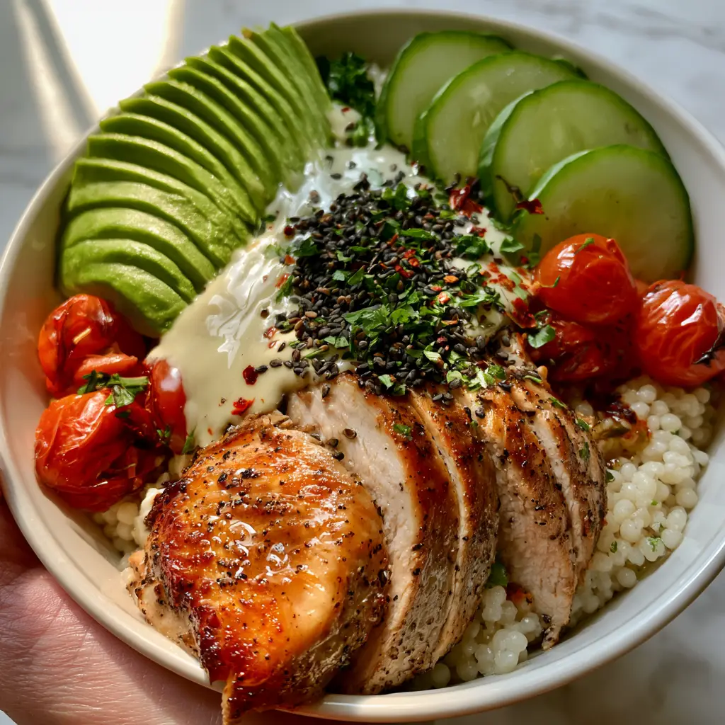 Close up of seared golden-brown chicken breast and blistered tomatoes in a high protein bowl.